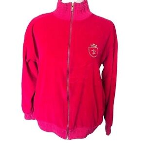 Vintage SK Sport Gold Embroidered Crest Logo Red Velour Jacket. Size: Medium